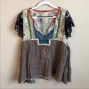 Free People Boho “Baby Doll” Lace Sequin Top
